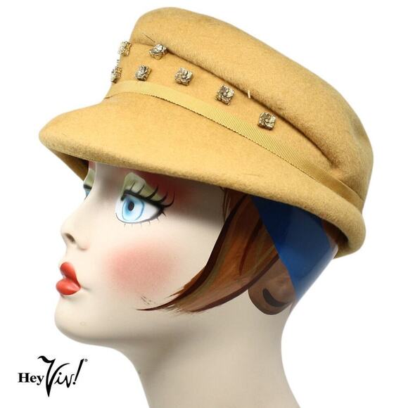 Vintage 40s Shaped Gold Felt Hat w Flower Studs Henry Pollak Glenover - Hey Viv - Picture 2 of 7